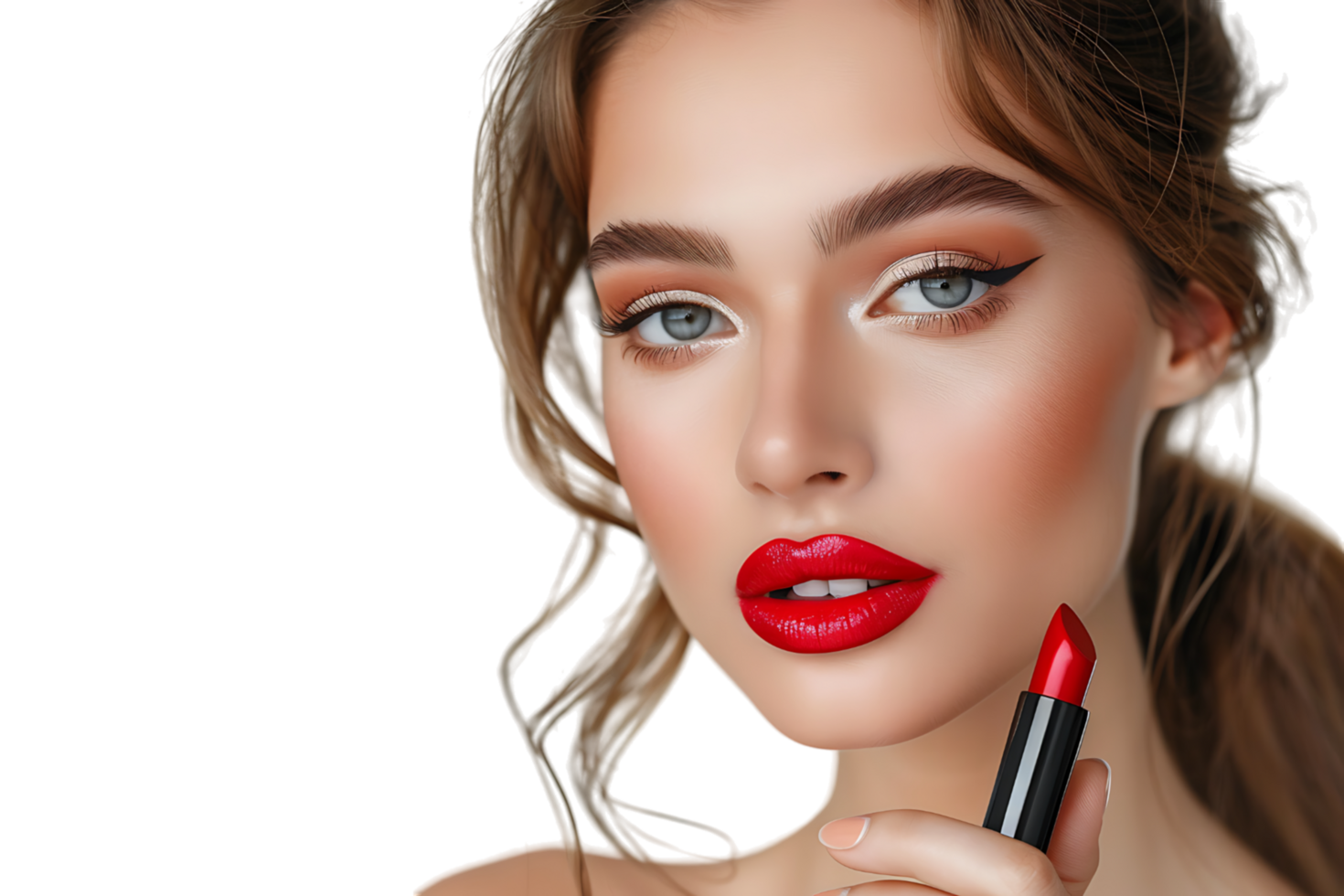 Close-up portrait of elegant woman with red lips holding lipstick on isolated transparent background png