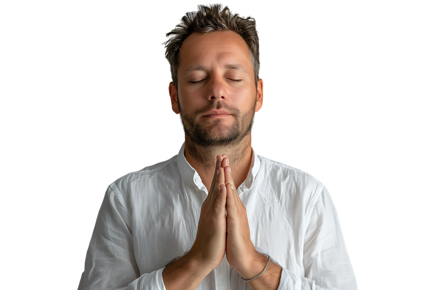 Serious man with closed eyes showing praying gesture on isolated transparent background png