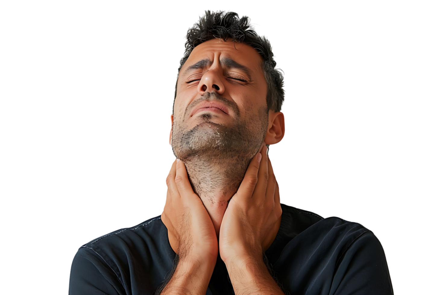 Man with painful expression rubs his neck on isolated transparent background png