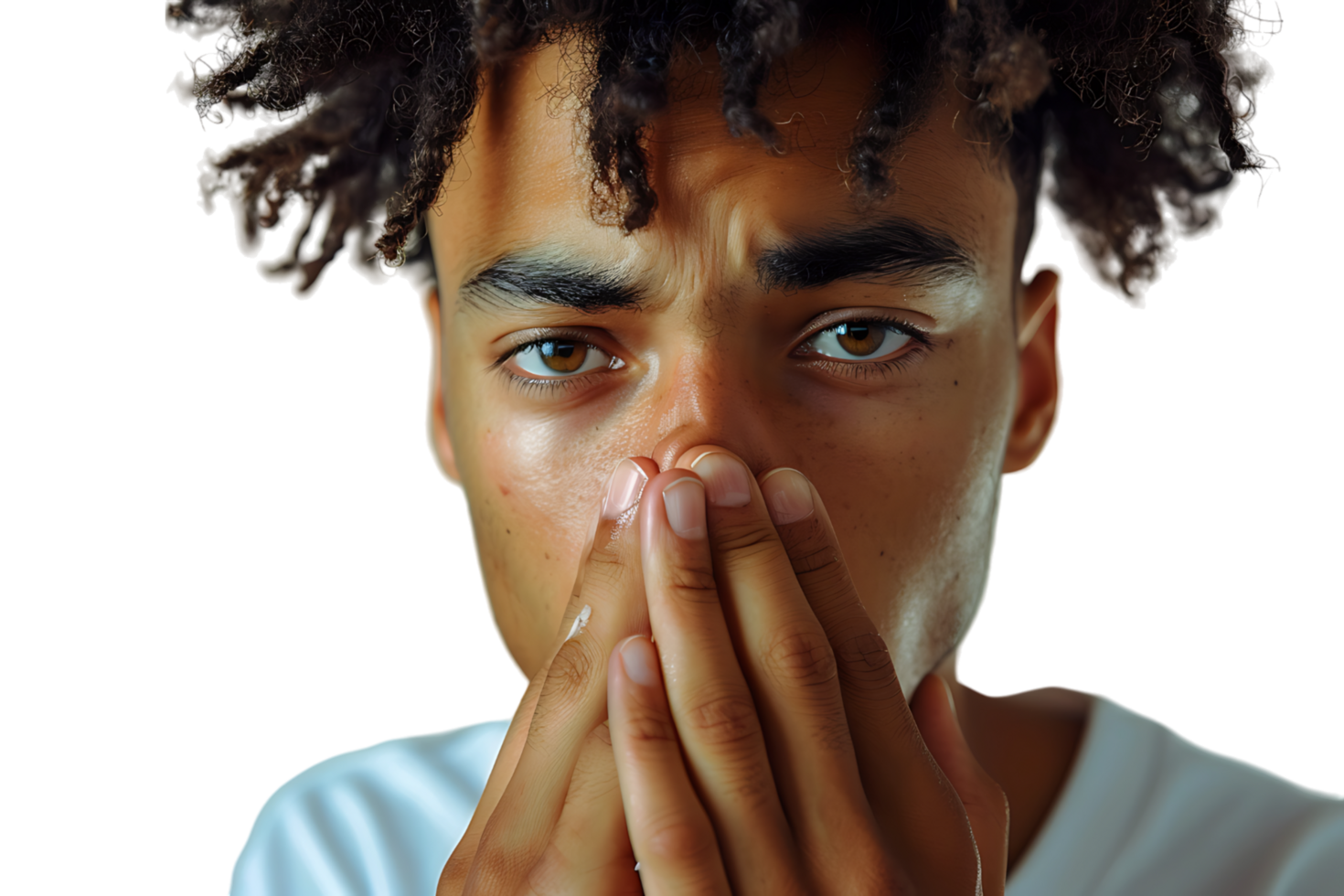 Close up portrait of young man holding his nose as if smelling something on isolated transparent background png