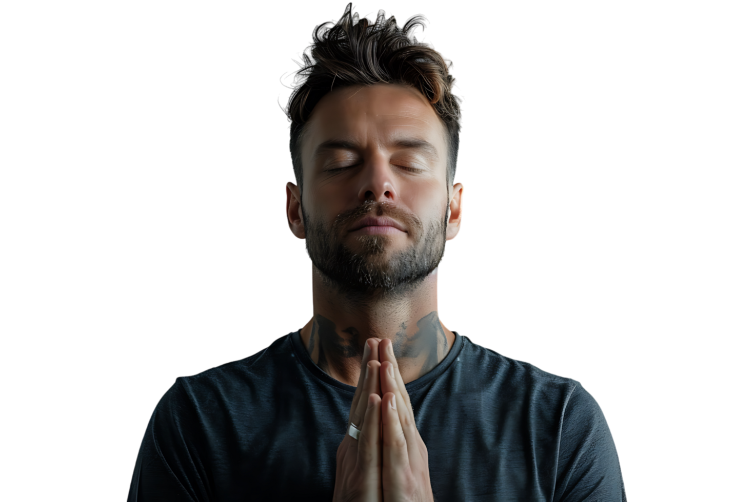 Serious man with closed eyes showing praying gesture on isolated transparent background png