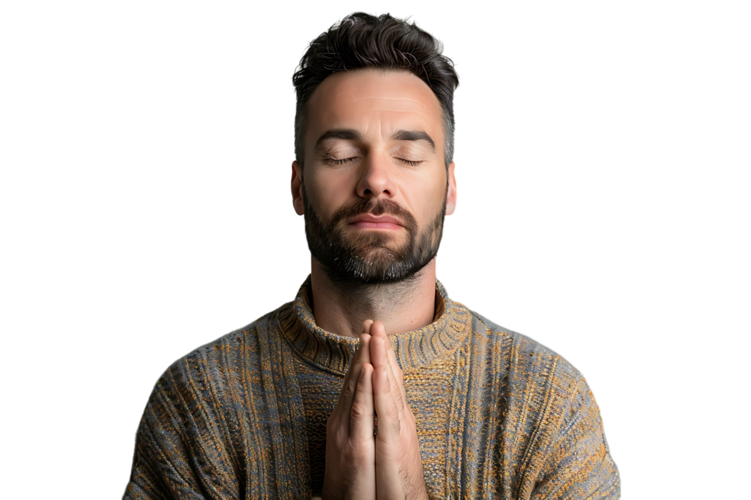 Serious man with closed eyes showing praying gesture on isolated transparent background png