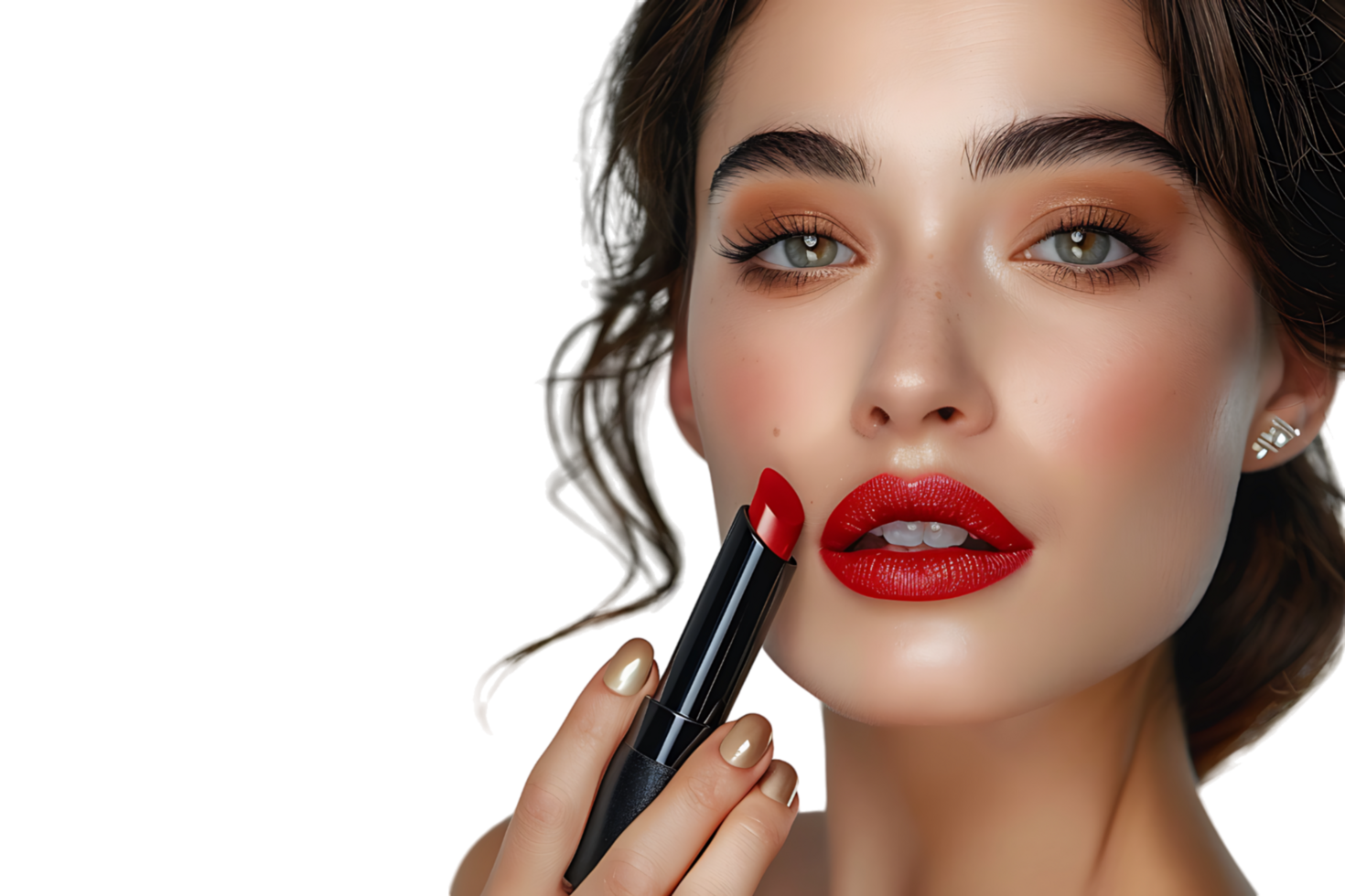 Close-up portrait of elegant woman with red lips holding lipstick on isolated transparent background png