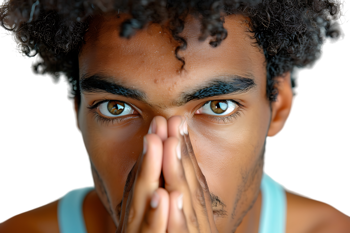 Close up portrait of young man holding his nose as if smelling something on isolated transparent background png