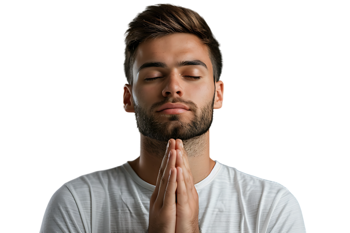 Serious man with closed eyes showing praying gesture on isolated transparent background png