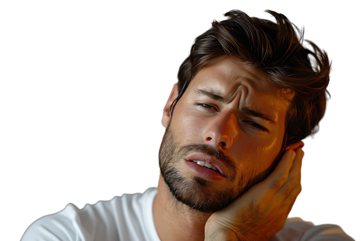 Man with painful expression rubs his neck on isolated transparent background png