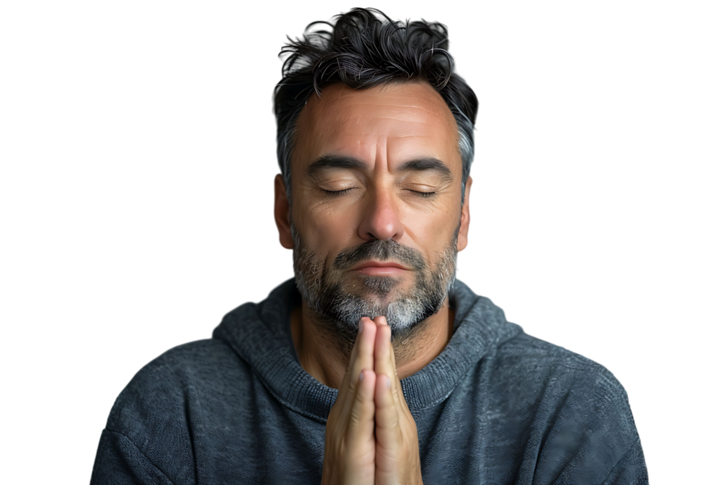 Serious man with closed eyes showing praying gesture on isolated transparent background png