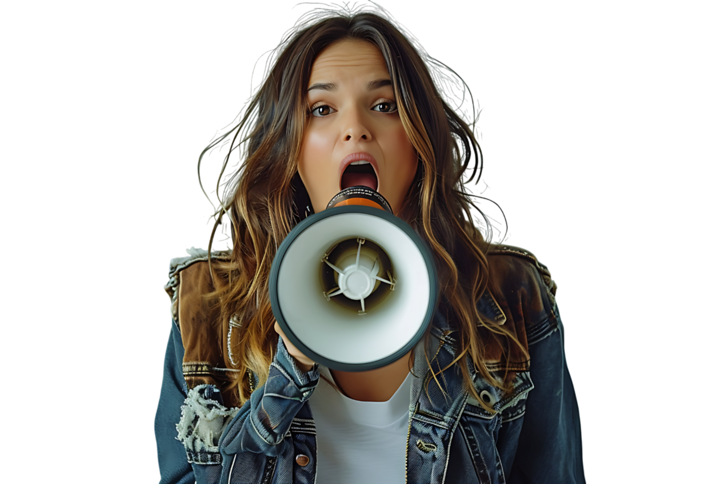Young woman screaming in a megaphone on isolated transparent background png