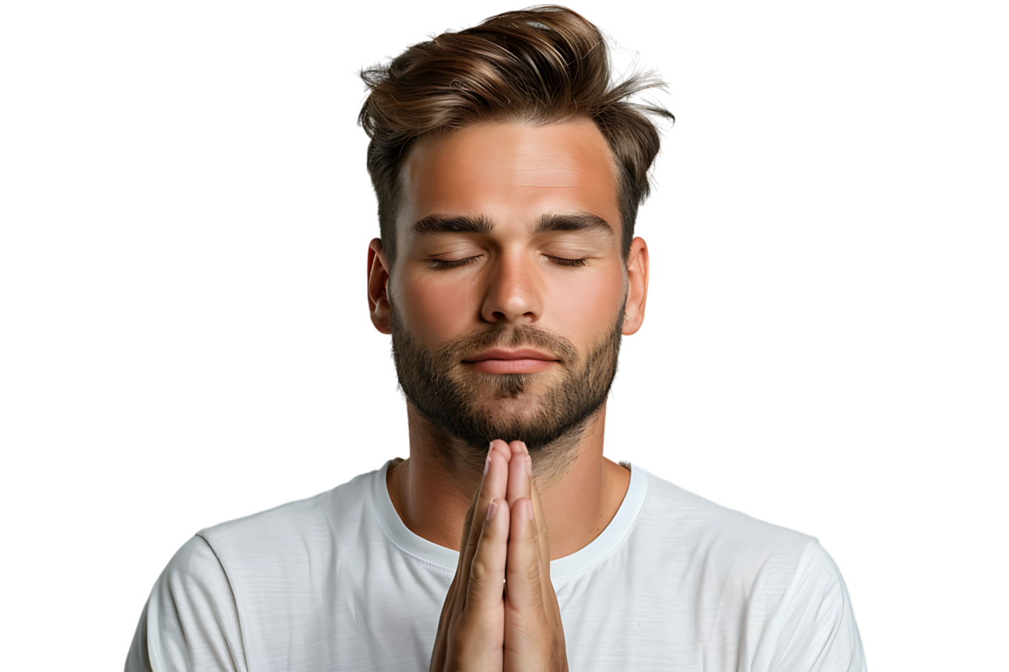 Serious man with closed eyes showing praying gesture on isolated transparent background png