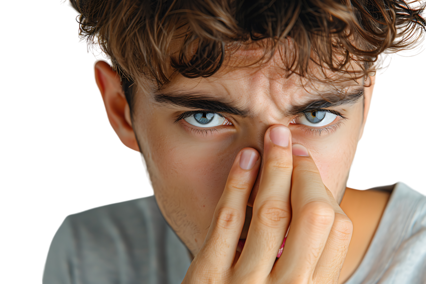 Close up portrait of young man holding his nose as if smelling something on isolated transparent background png