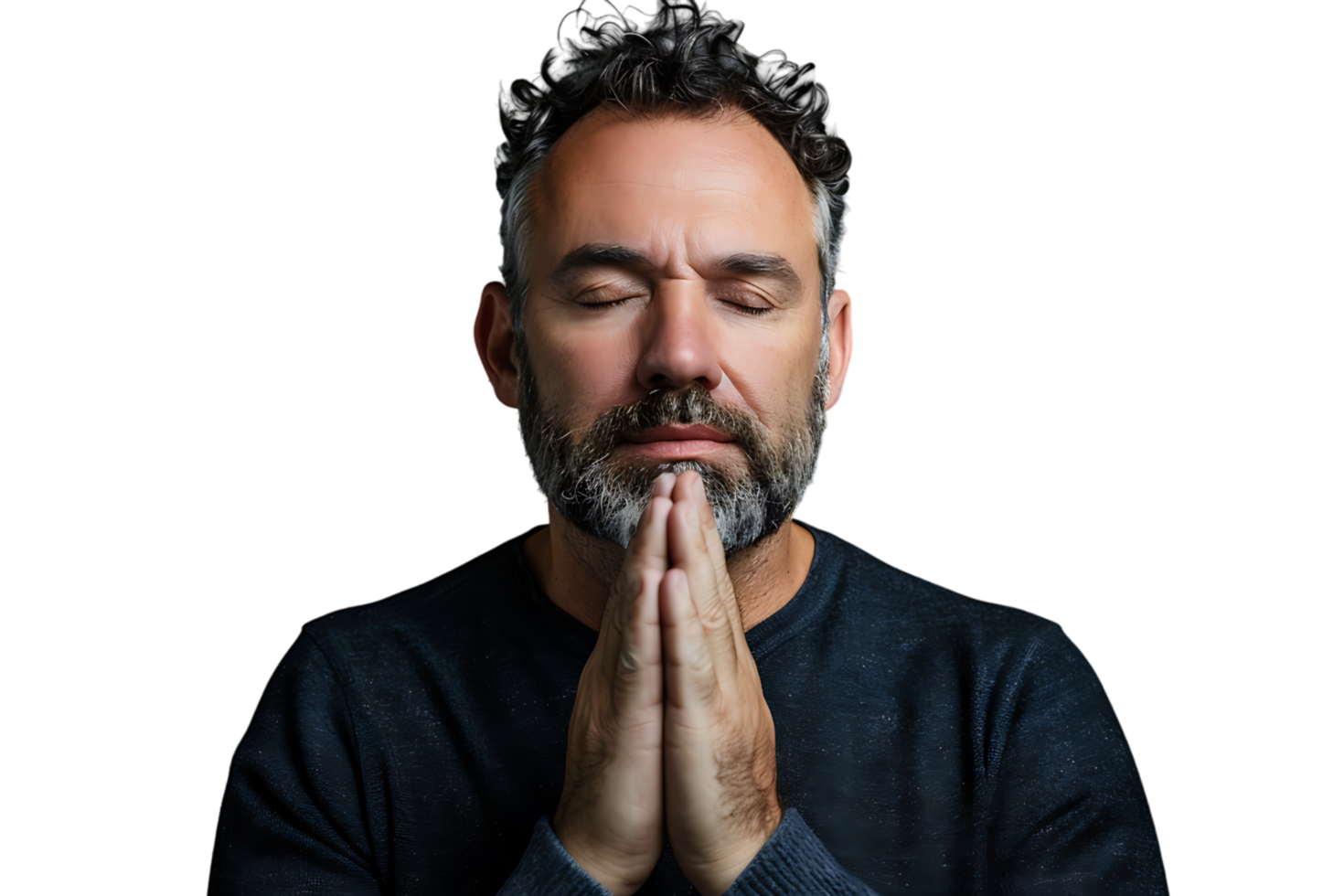 Serious man with closed eyes showing praying gesture on isolated transparent background png