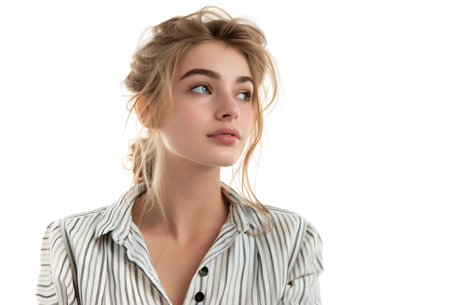Portrait girl looking away blonde dressed in striped shirt. Fashion concept on isolated transparent background png