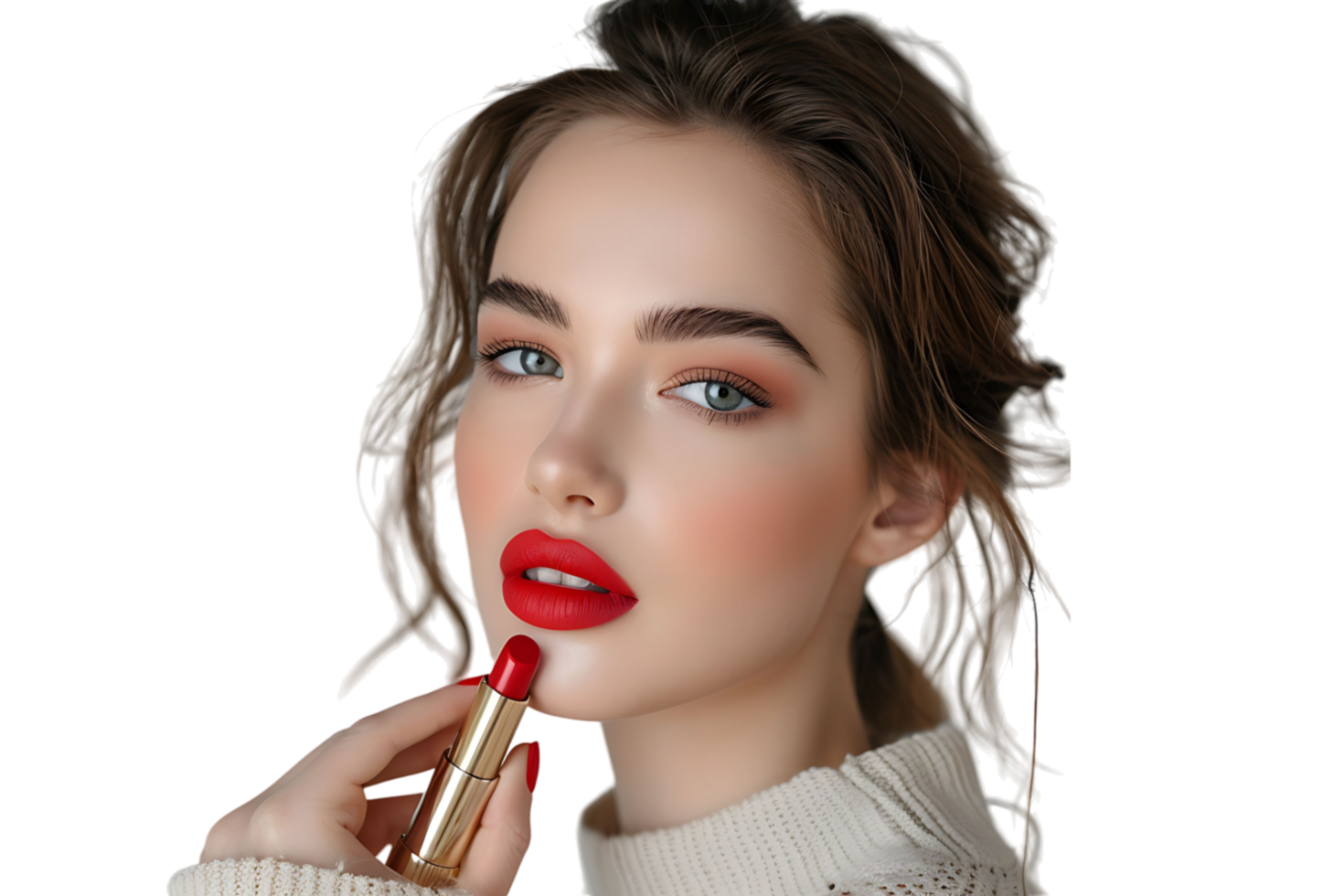 Close-up portrait of elegant woman with red lips holding lipstick on isolated transparent background png