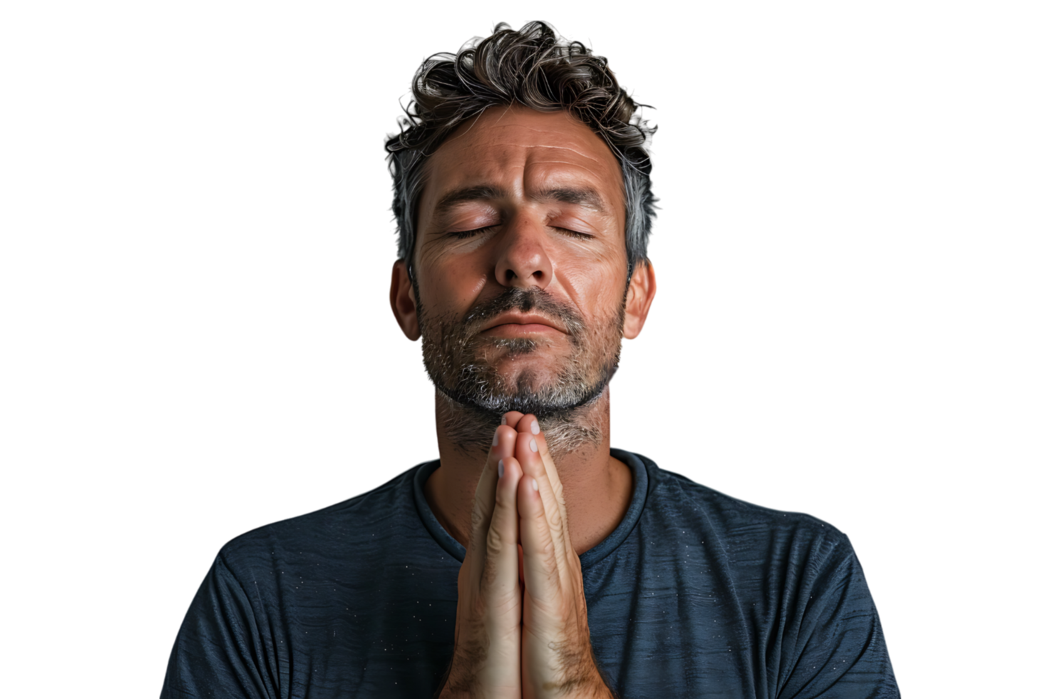 Serious man with closed eyes showing praying gesture on isolated transparent background png