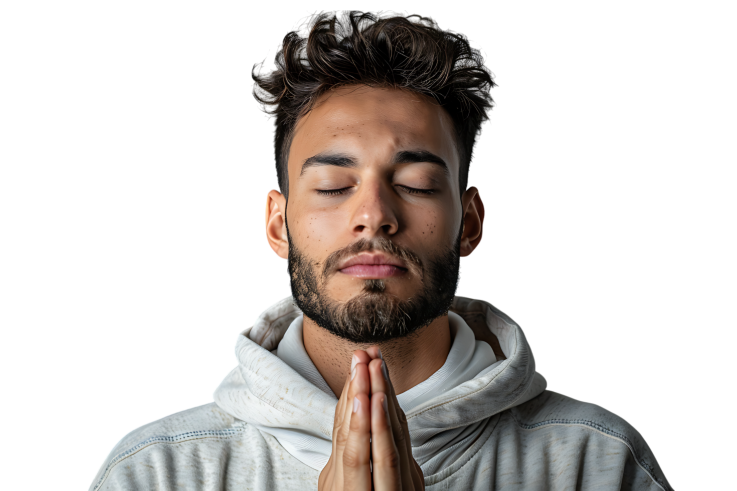 Serious man with closed eyes showing praying gesture on isolated transparent background png