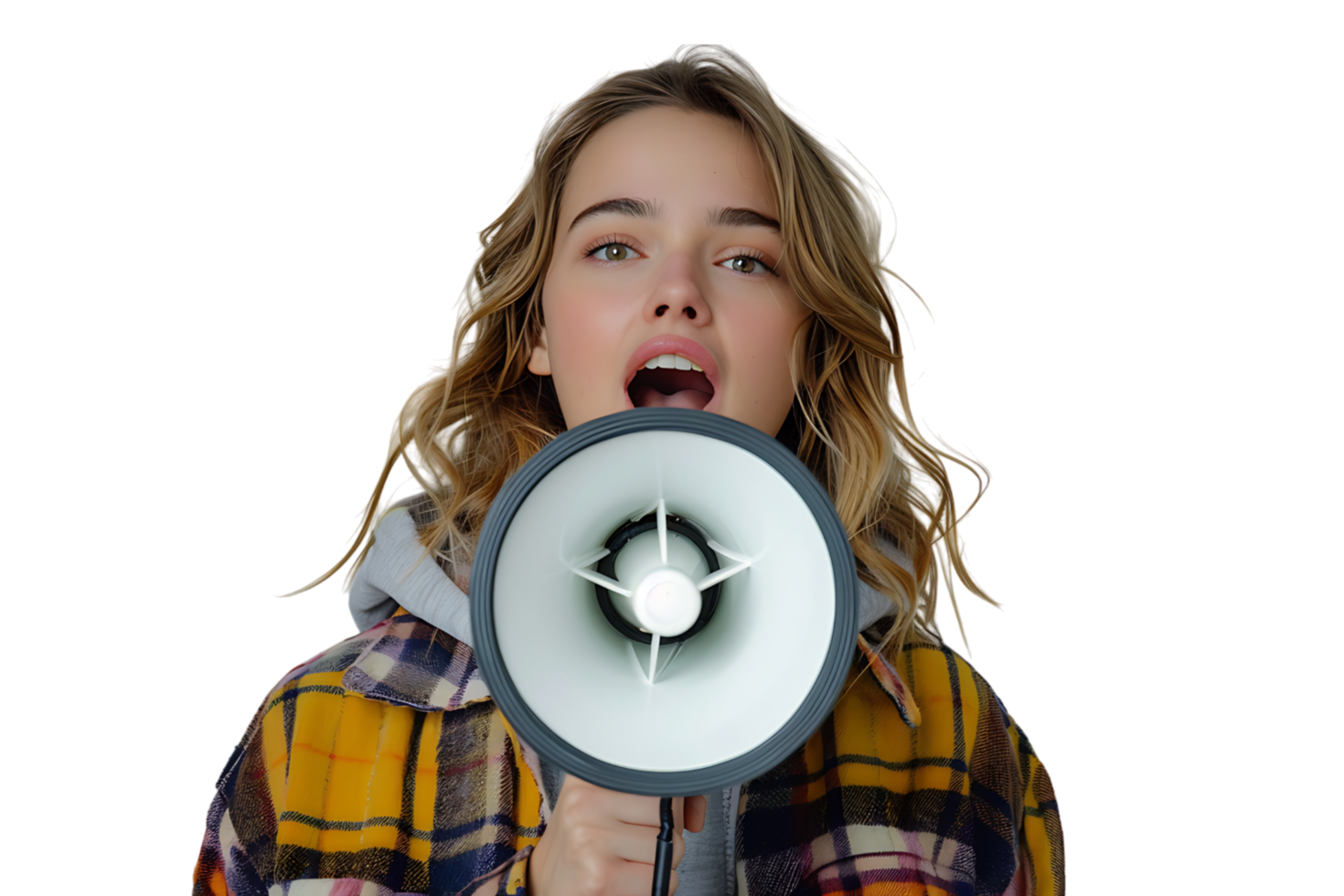 Young woman screaming in a megaphone on isolated transparent background png