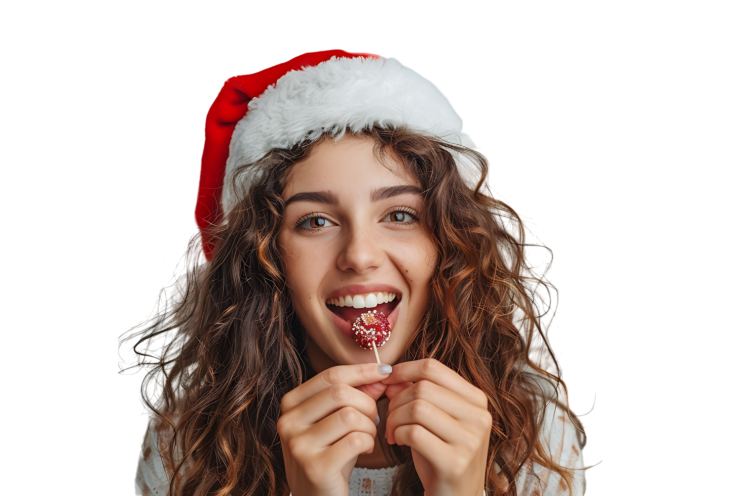 Portrait of cute woman biting christmas candy wearing santa hat. on isolated transparent background png