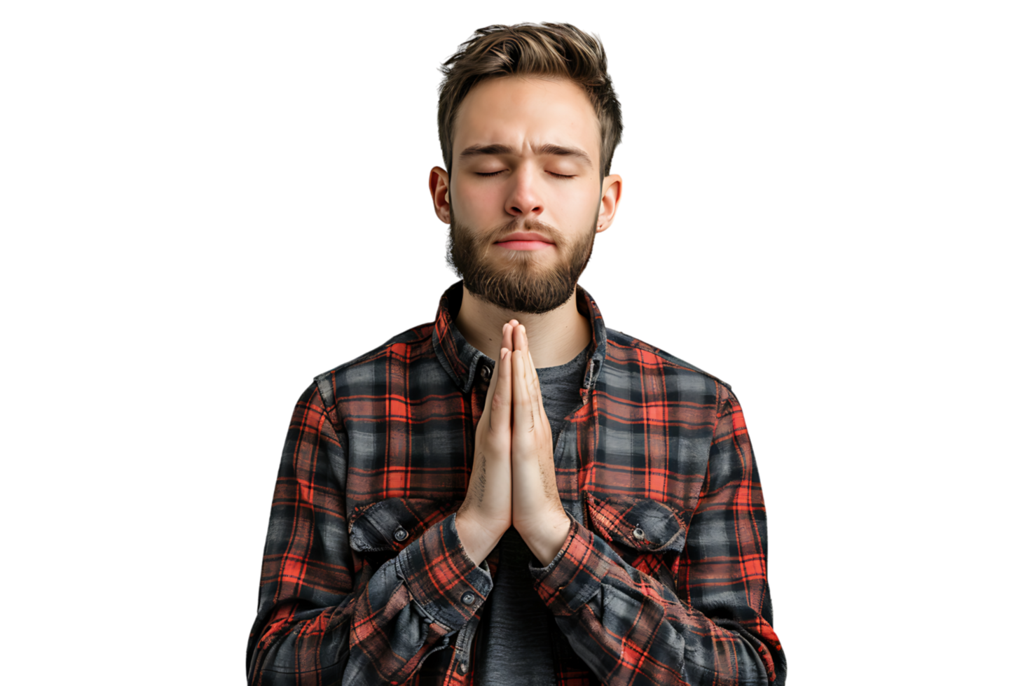 Serious man with closed eyes showing praying gesture on isolated transparent background png