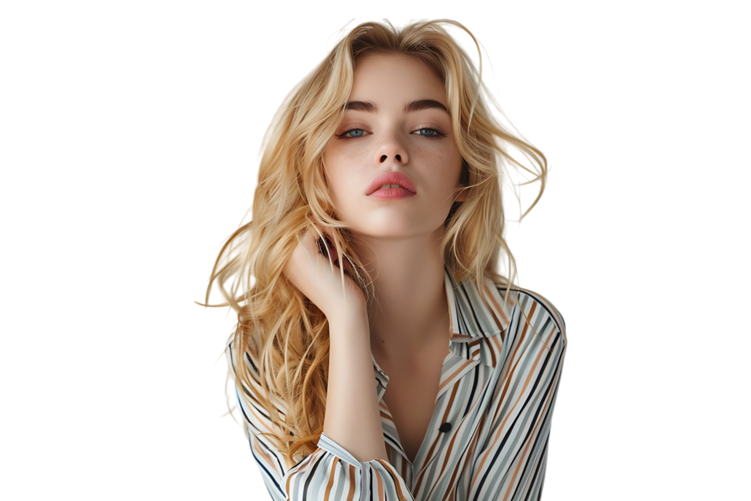 Portrait girl looking away blonde dressed in striped shirt. Fashion concept on isolated transparent background png