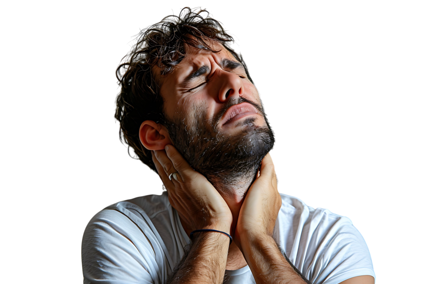 Man with painful expression rubs his neck on isolated transparent background png