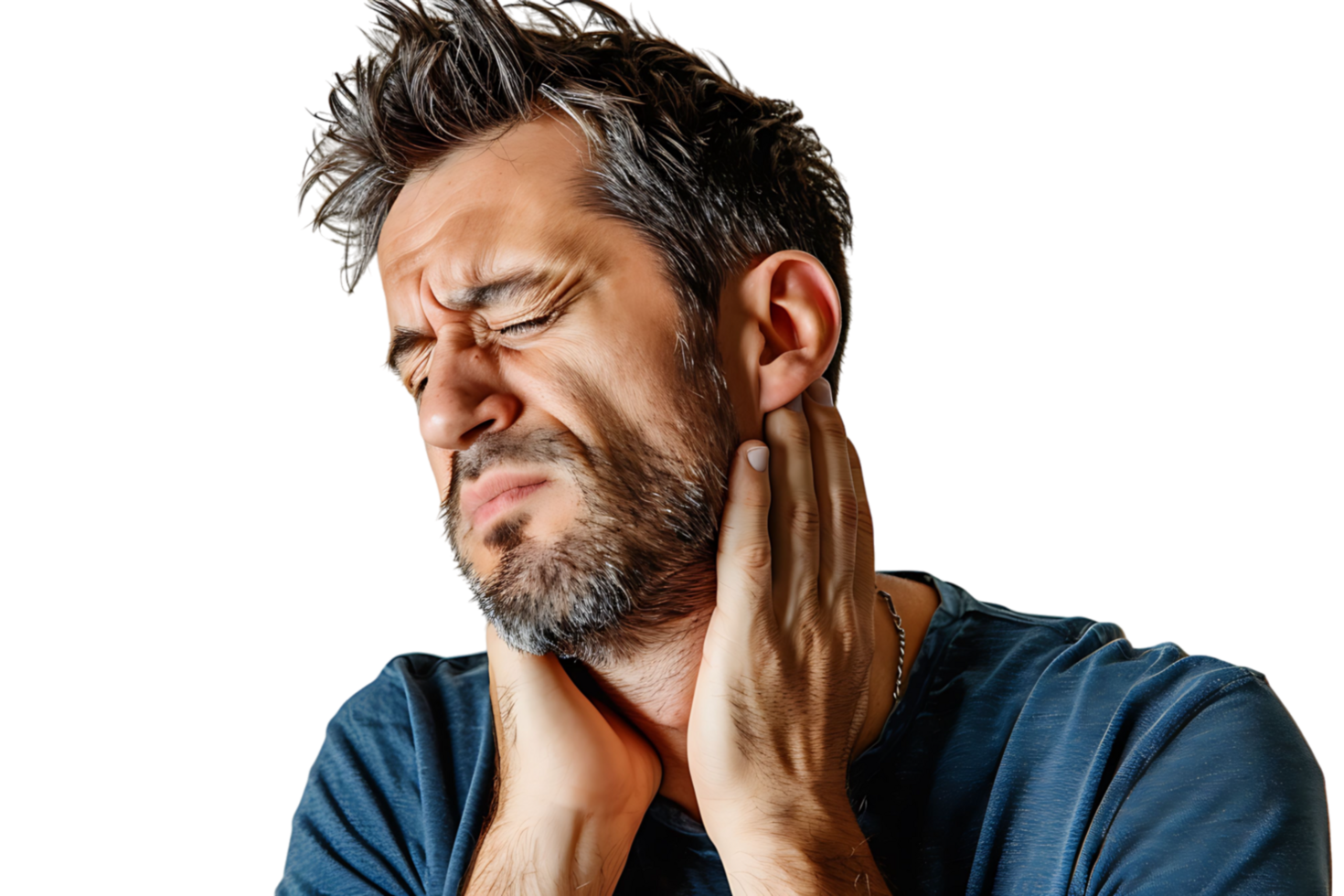 Man with painful expression rubs his neck on isolated transparent background png