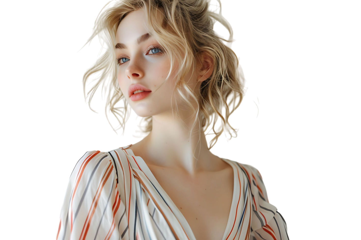 Portrait girl looking away blonde dressed in striped shirt. Fashion concept on isolated transparent background png