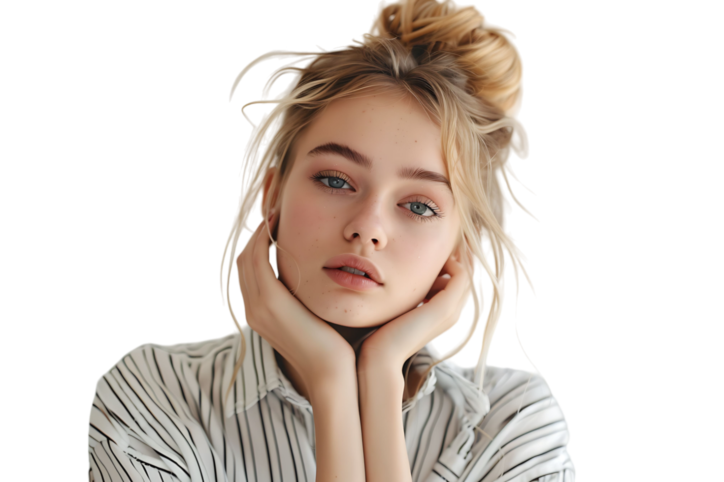 Portrait girl looking away blonde dressed in striped shirt. Fashion concept on isolated transparent background png