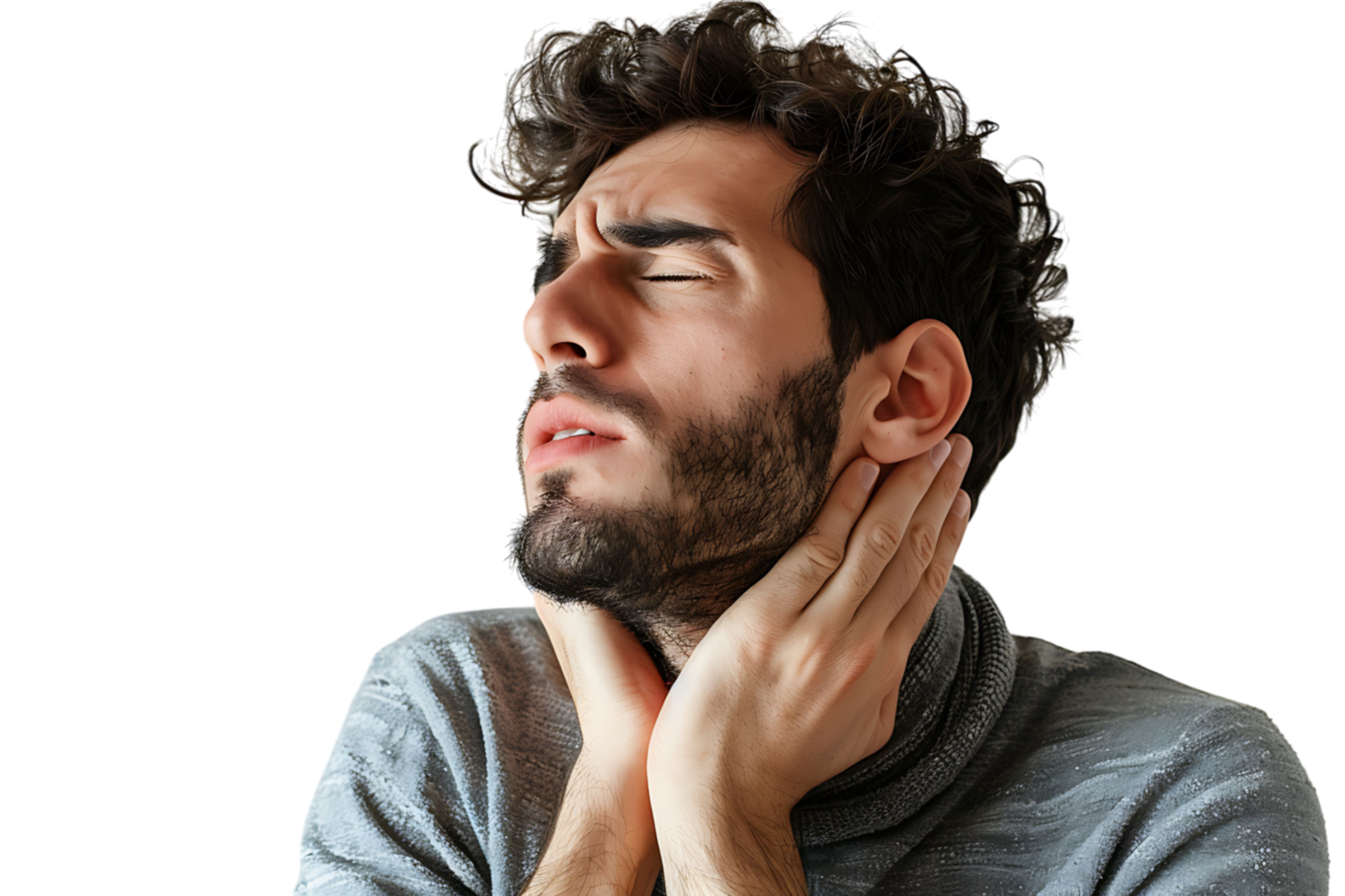Man with painful expression rubs his neck on isolated transparent background png
