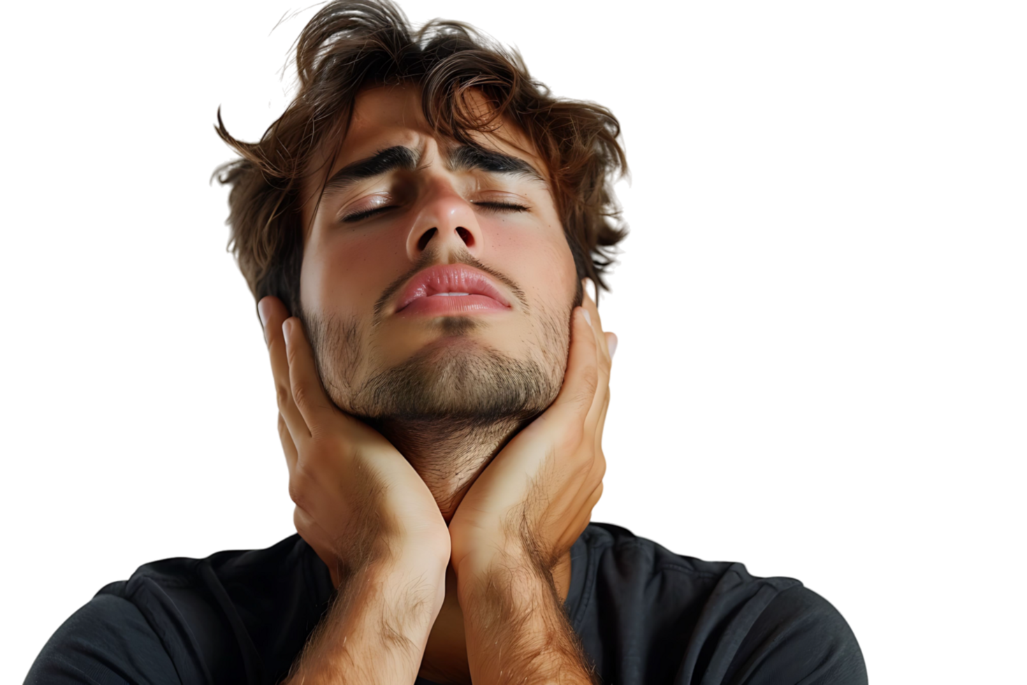 Man with painful expression rubs his neck on isolated transparent background png