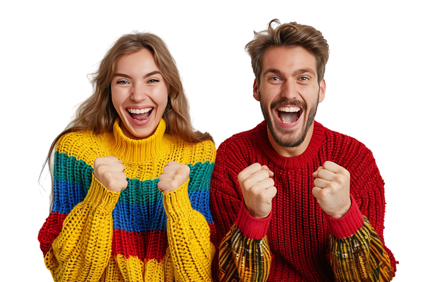 Portrait cheerful couple holding fists on isolated transparent background png