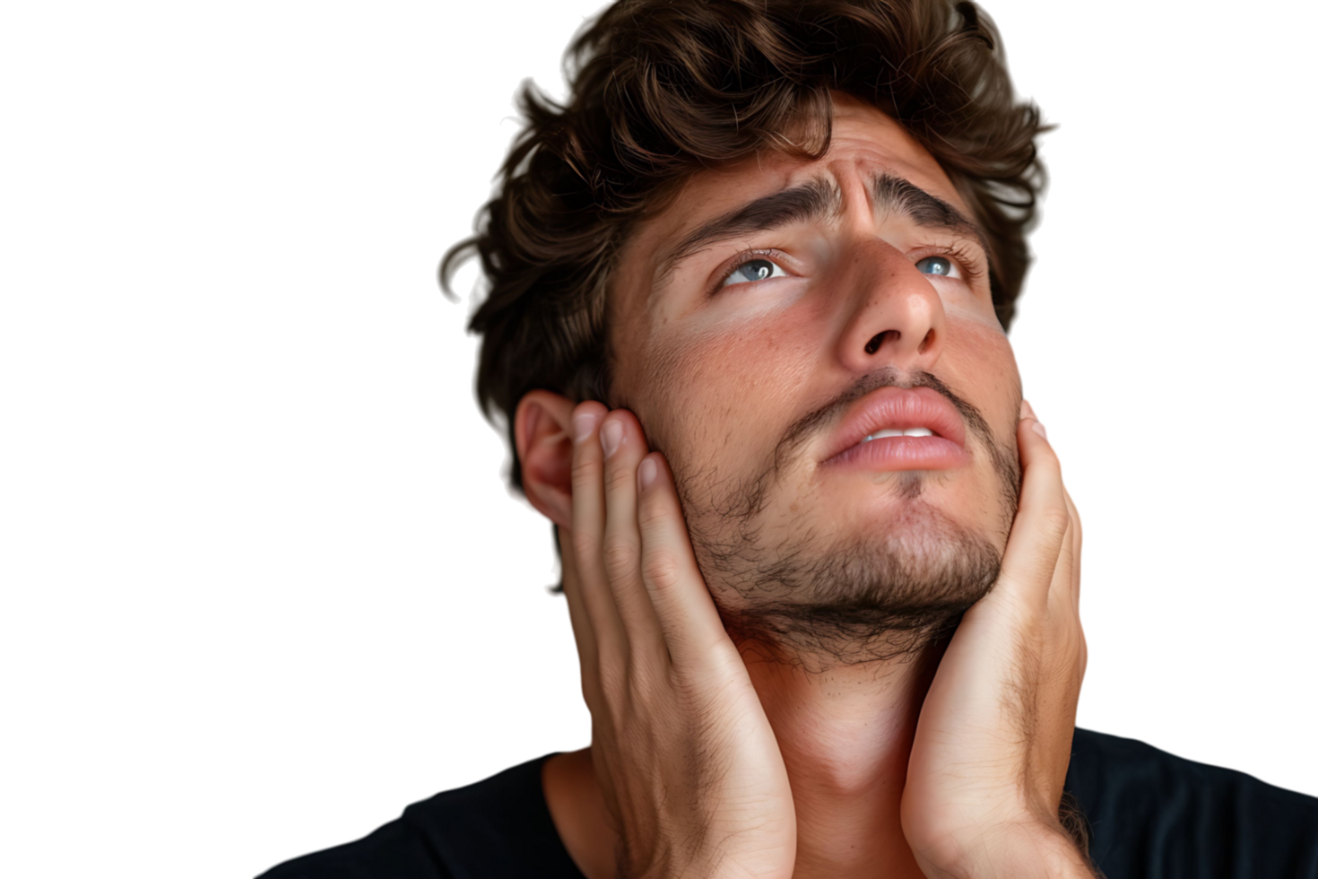 Man with painful expression rubs his neck on isolated transparent background png