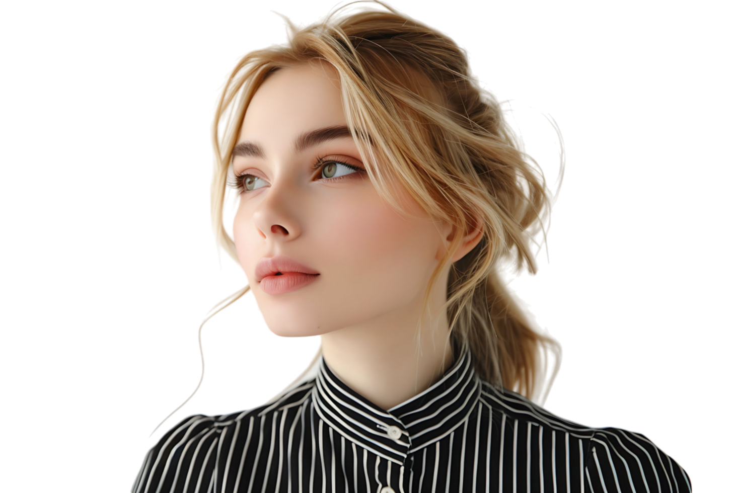 Portrait girl looking away blonde dressed in striped shirt. Fashion concept on isolated transparent background png