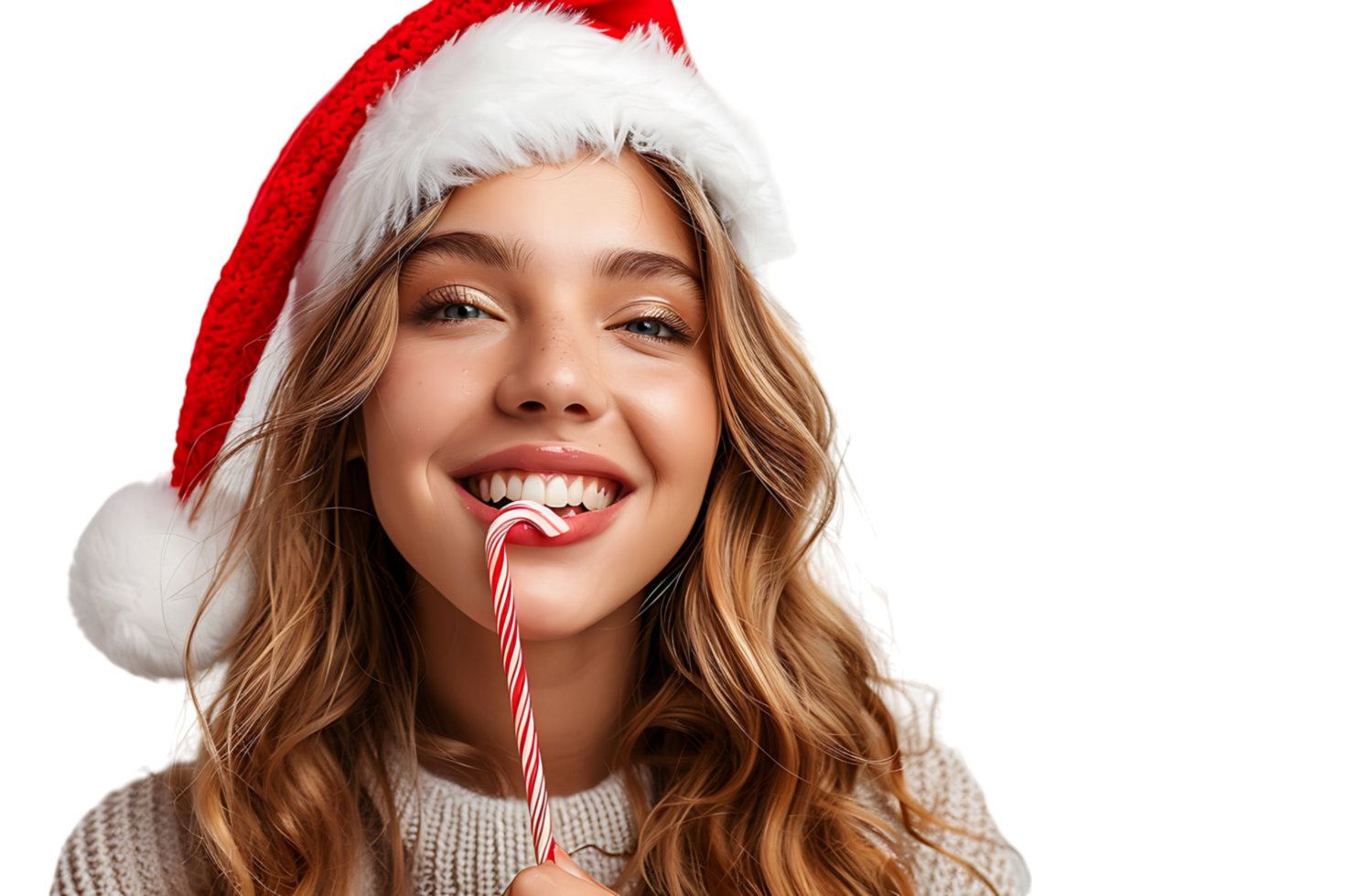 Portrait of cute woman biting christmas candy wearing santa hat. on isolated transparent background png
