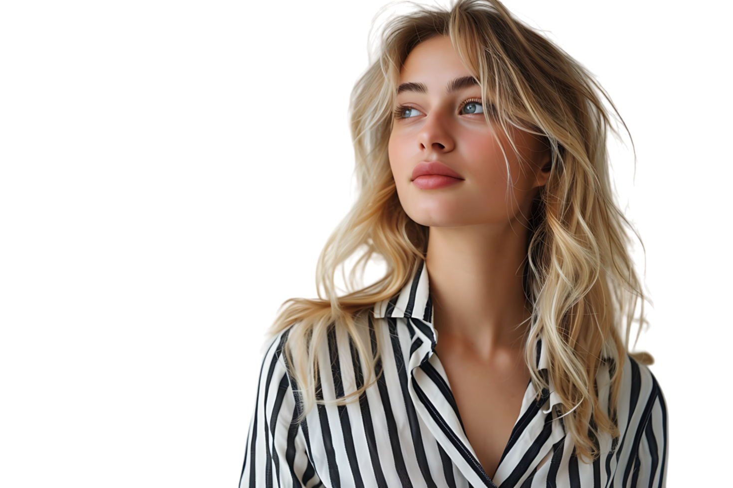 Portrait girl looking away blonde dressed in striped shirt. Fashion concept on isolated transparent background png