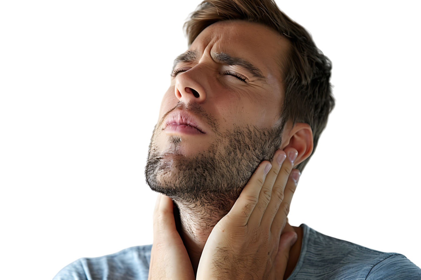 Man with painful expression rubs his neck on isolated transparent background png
