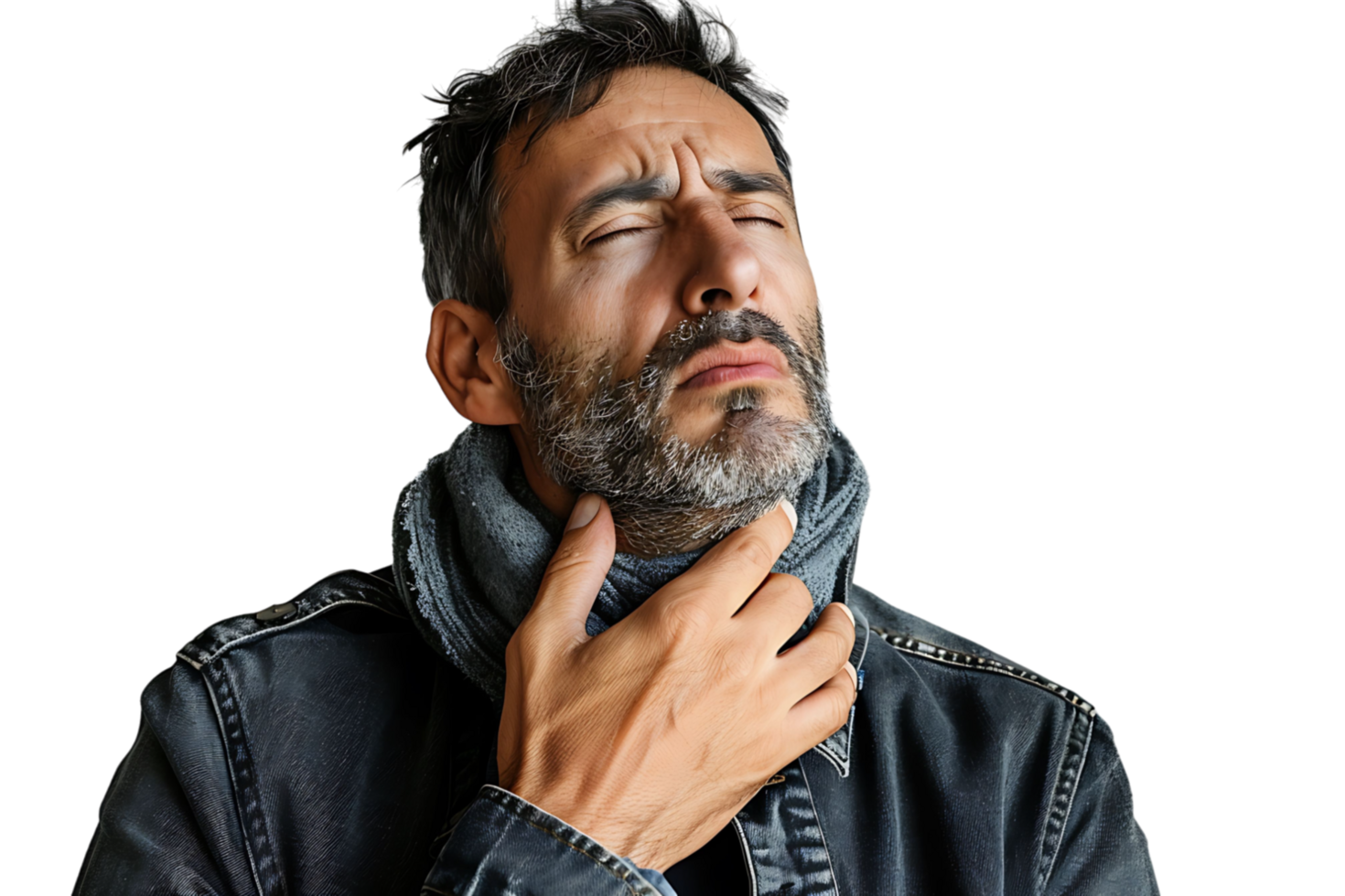 Man with painful expression rubs his neck on isolated transparent background png