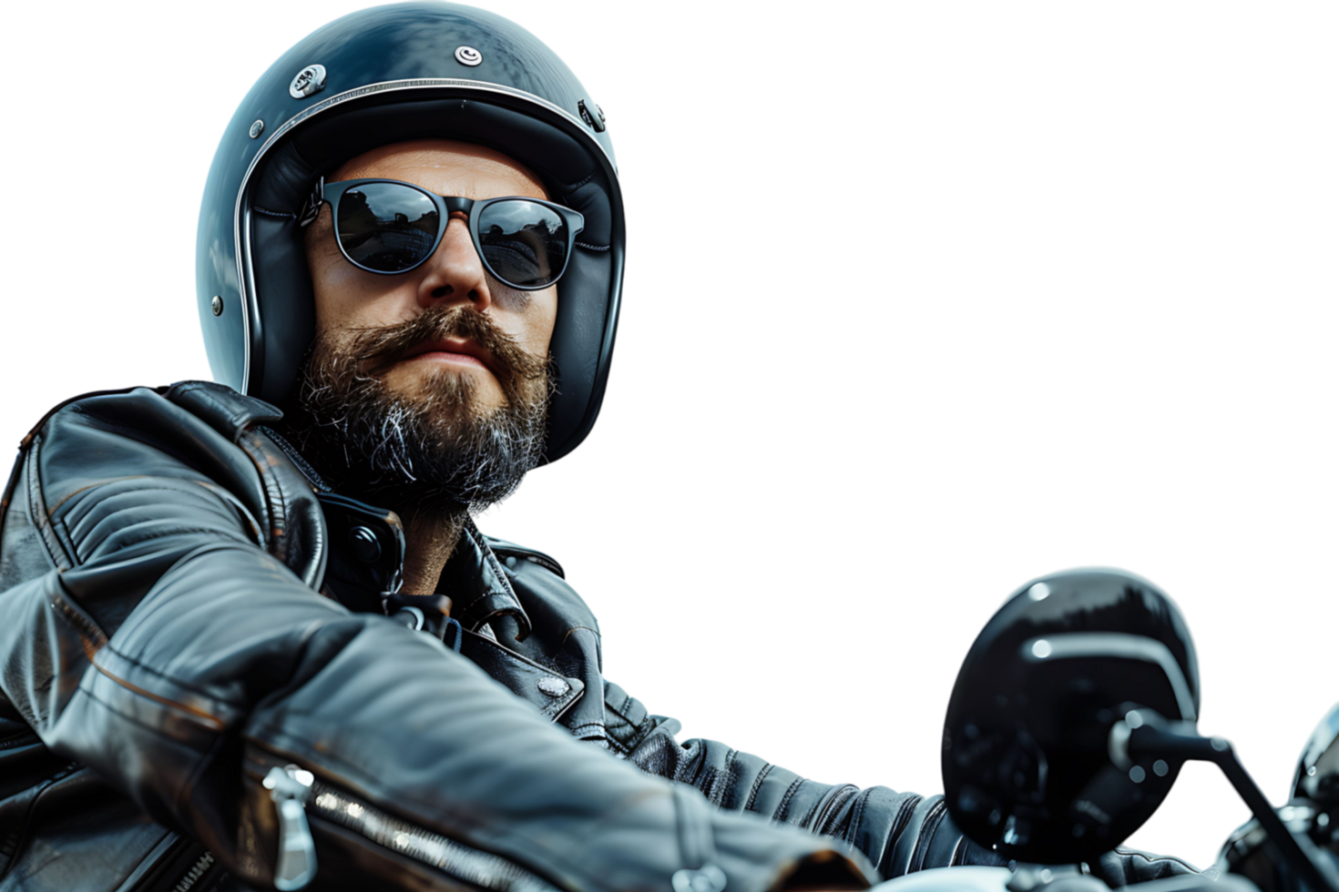 Portrait of biker looking away wearing leather jacket helmet and sunglasses on isolated transparent background png