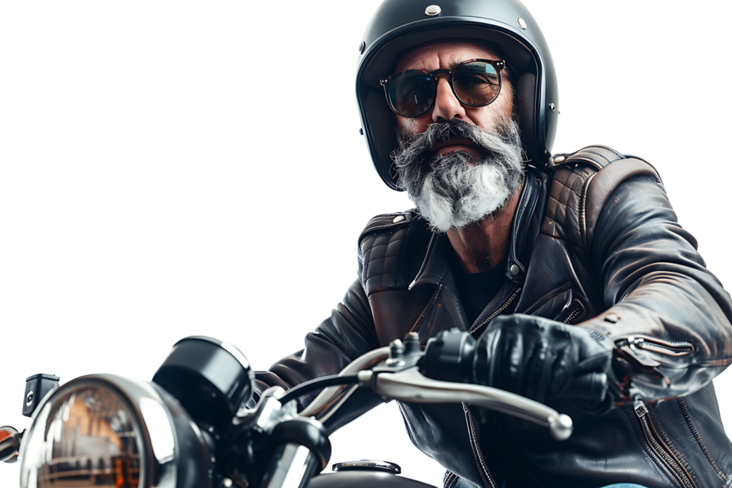 Portrait of biker looking away wearing leather jacket helmet and sunglasses on isolated transparent background png