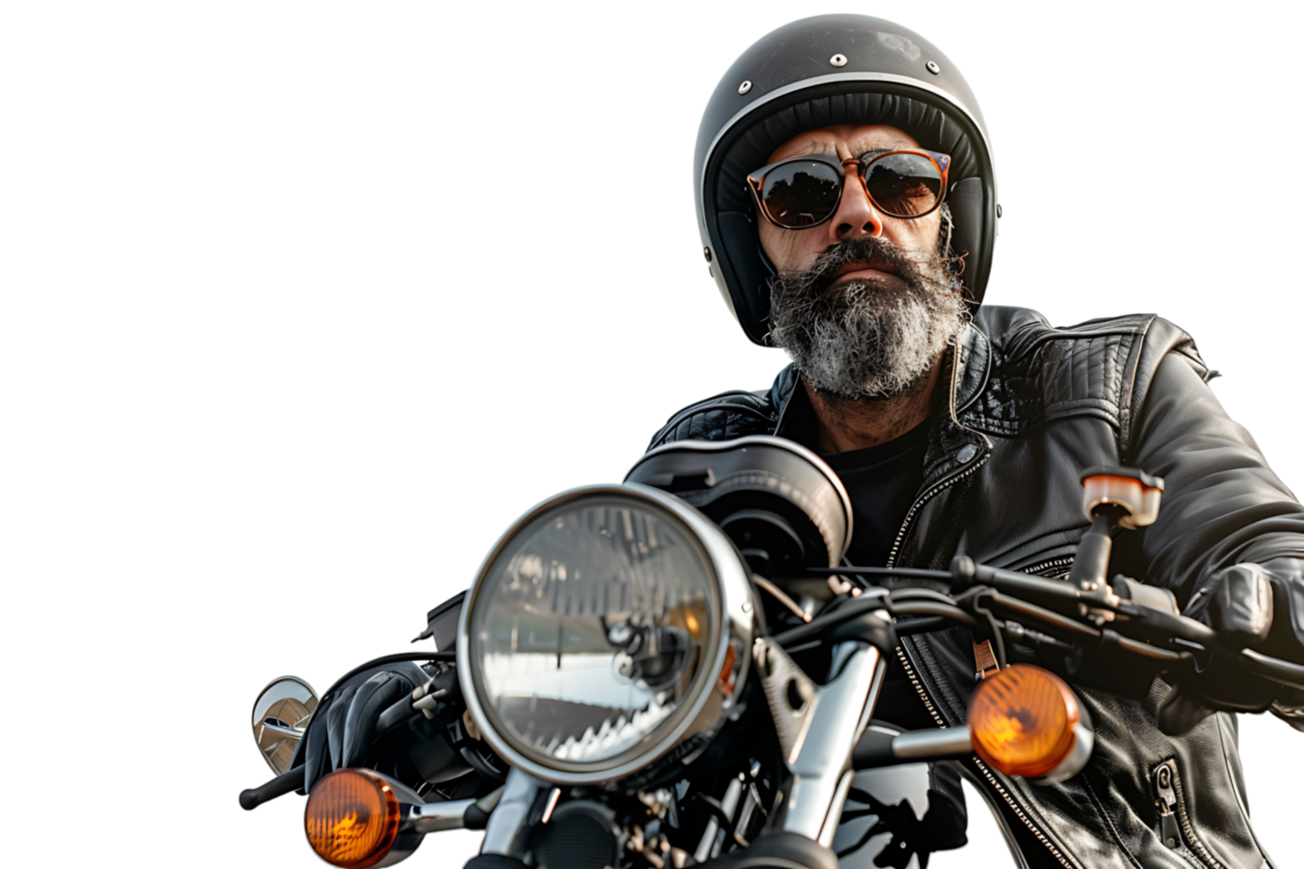 Portrait of biker looking away wearing leather jacket helmet and sunglasses on isolated transparent background png