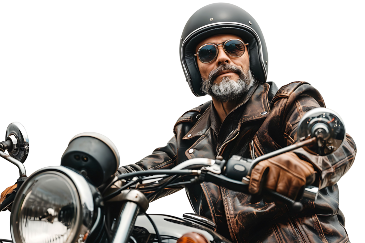 Portrait of biker looking away wearing leather jacket helmet and sunglasses on isolated transparent background png