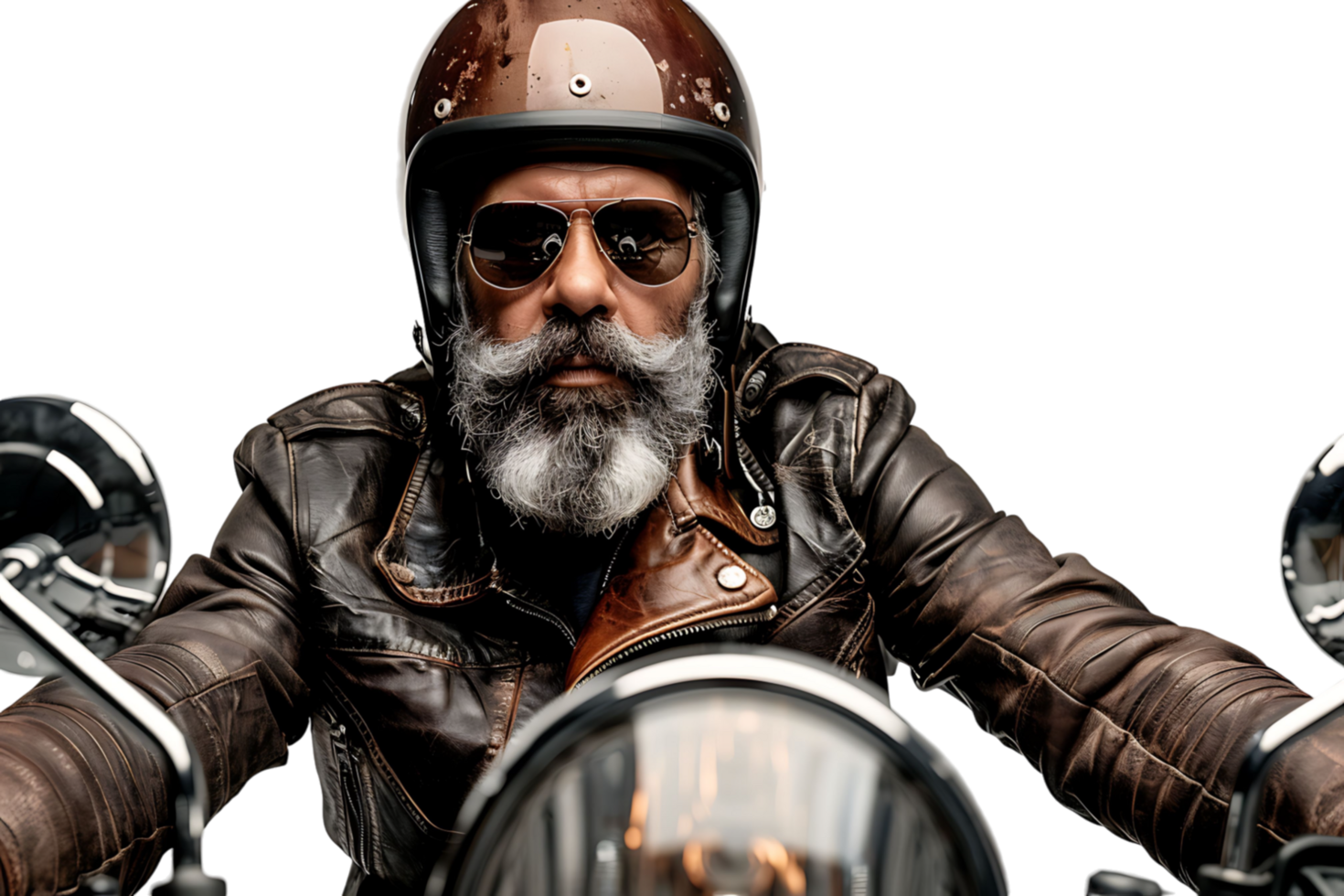Portrait of biker looking away wearing leather jacket helmet and sunglasses on isolated transparent background png