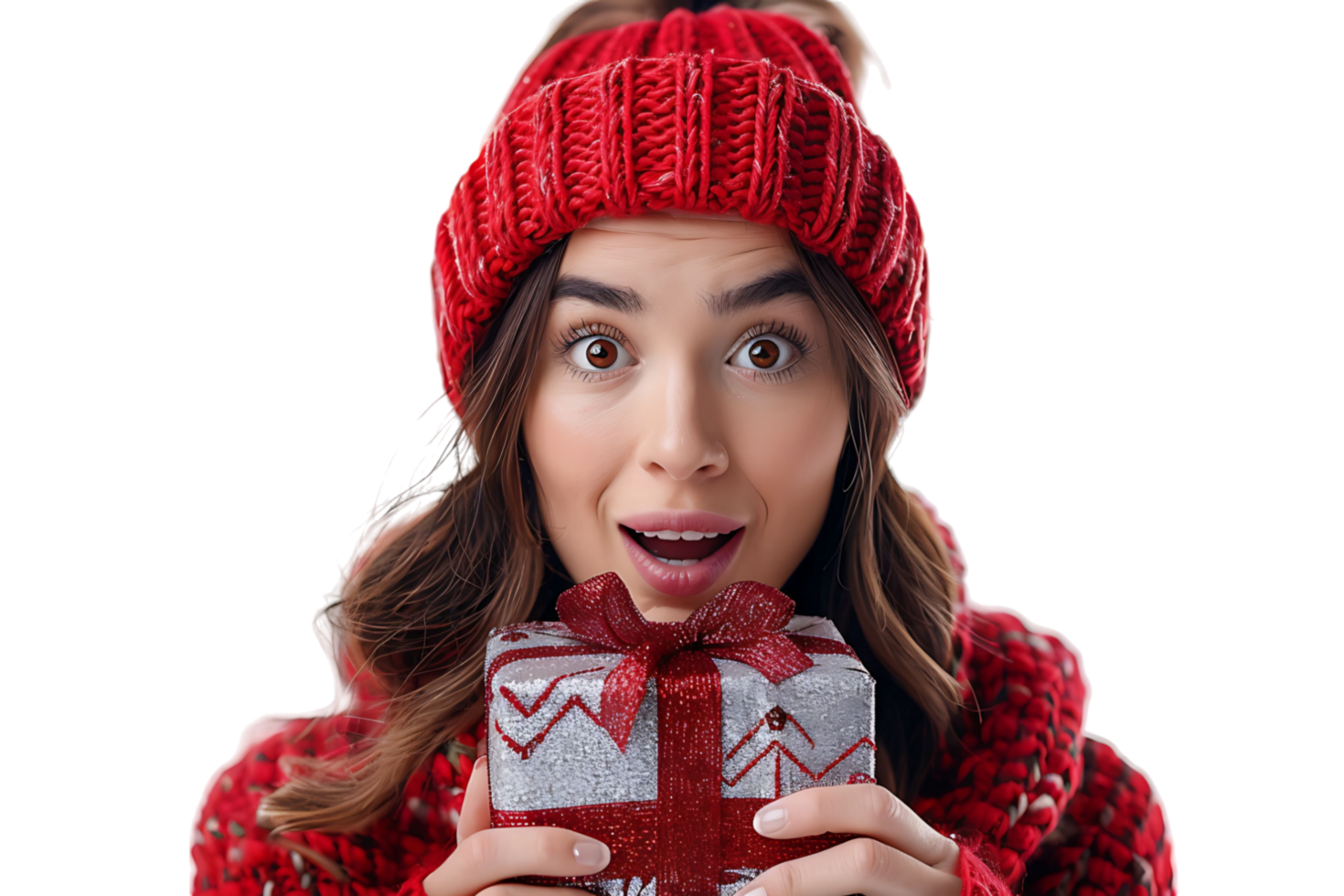 Portrait of surprised woman in red hat holding shiny christmas present on isolated transparent background png