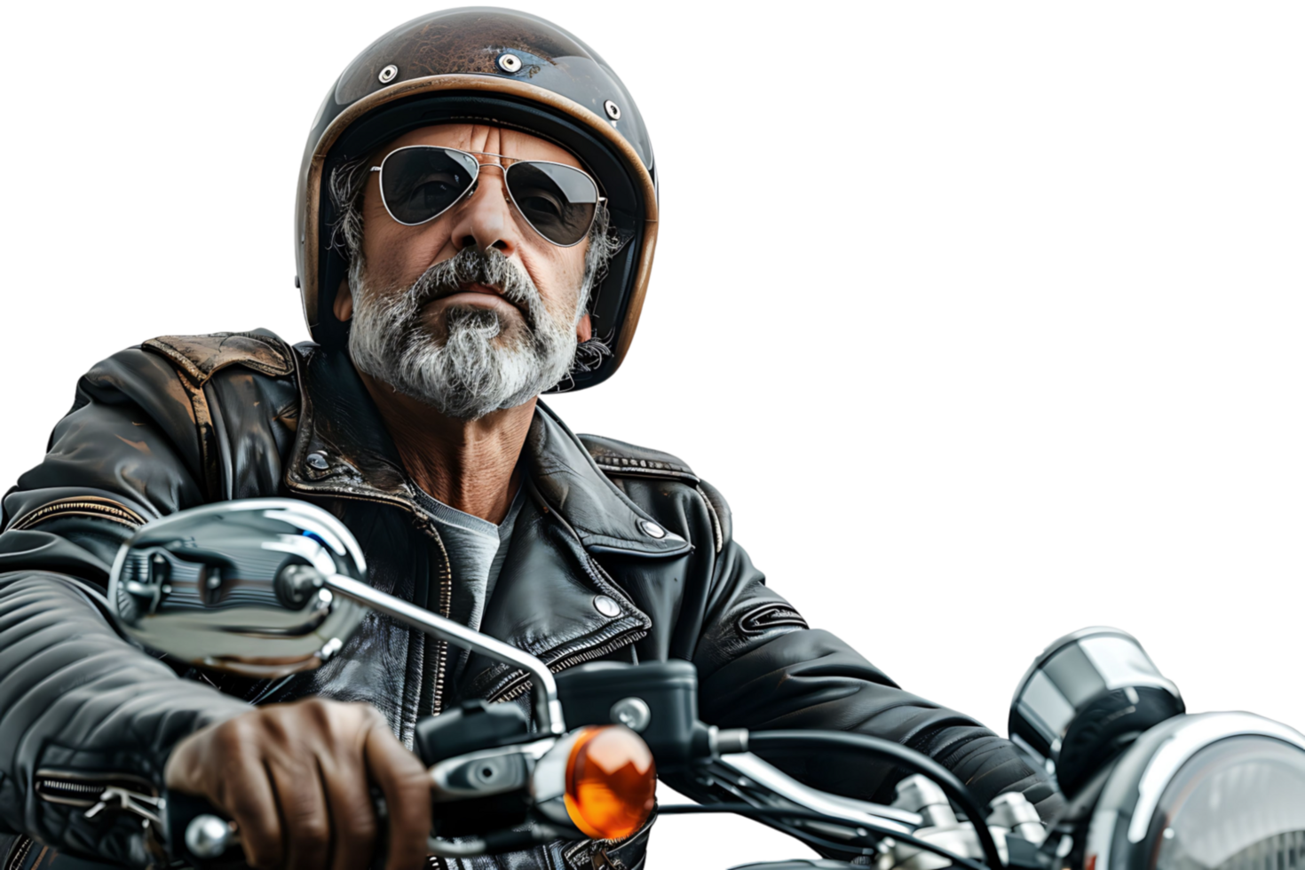 Portrait of biker looking away wearing leather jacket helmet and sunglasses on isolated transparent background png
