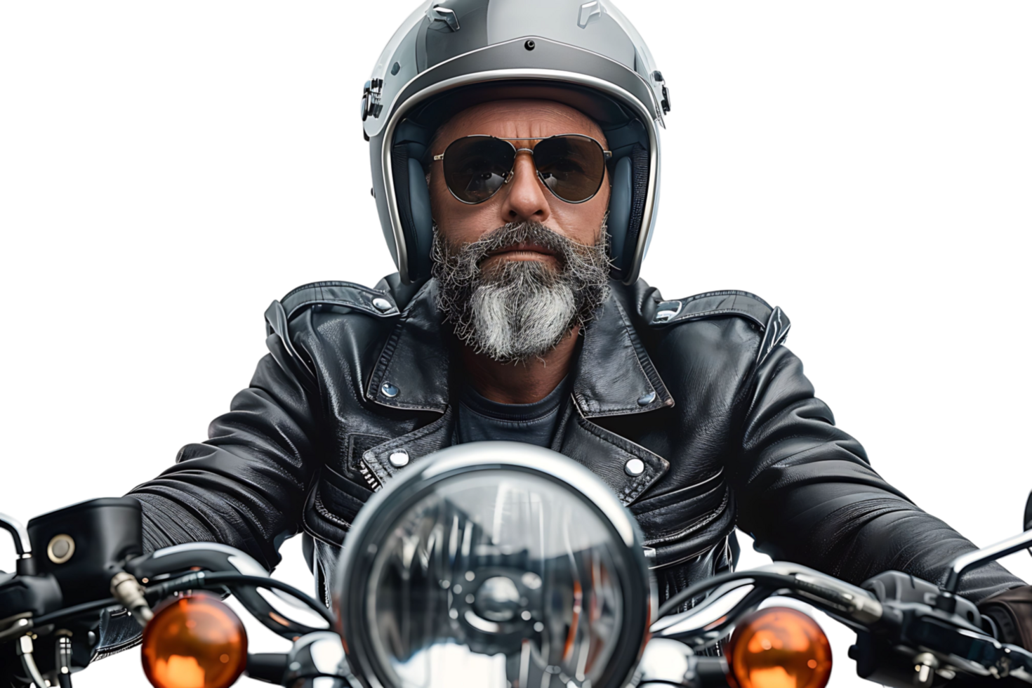 Portrait of biker looking away wearing leather jacket helmet and sunglasses on isolated transparent background png