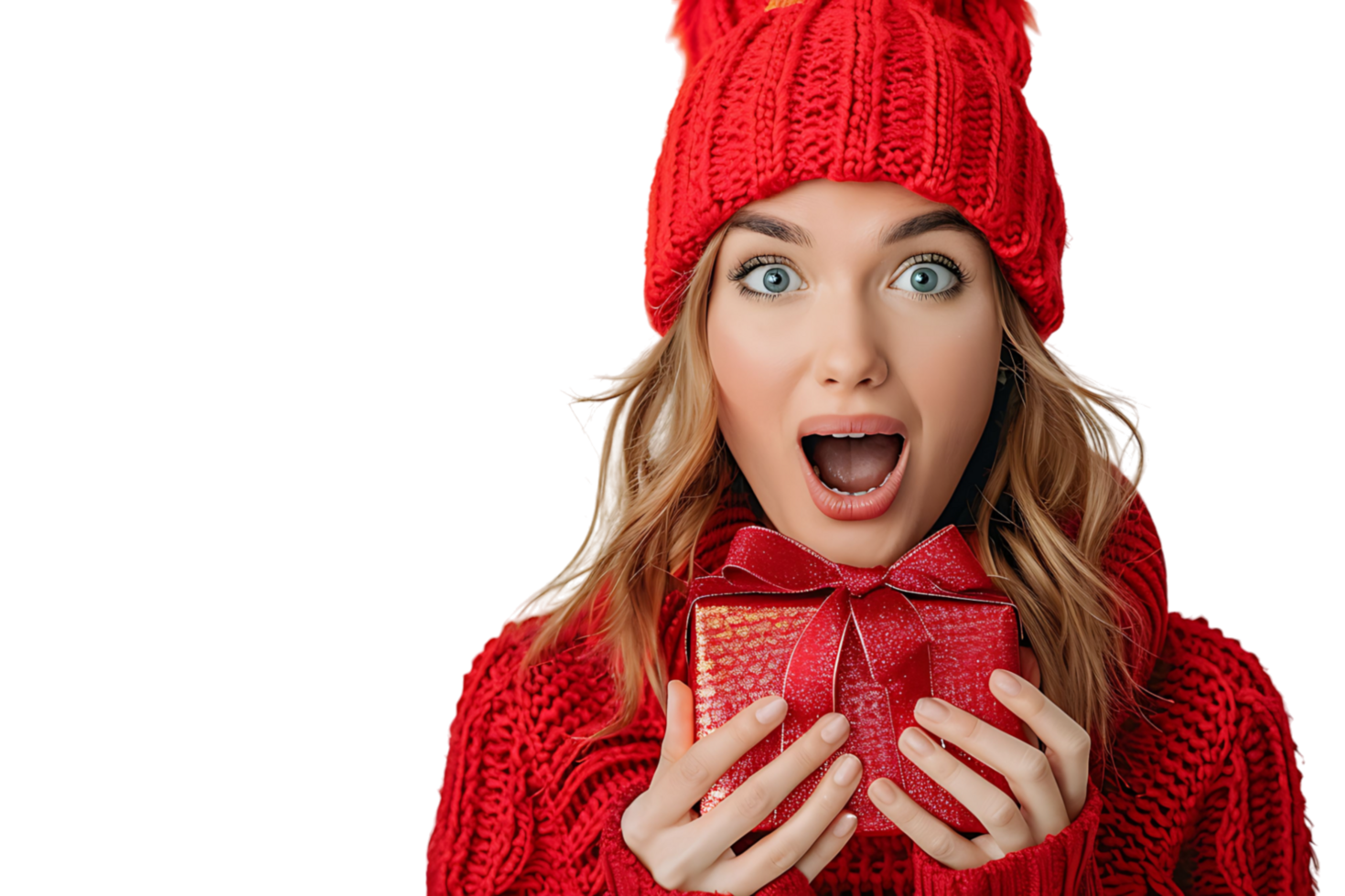 Portrait of surprised woman in red hat holding shiny christmas present on isolated transparent background png
