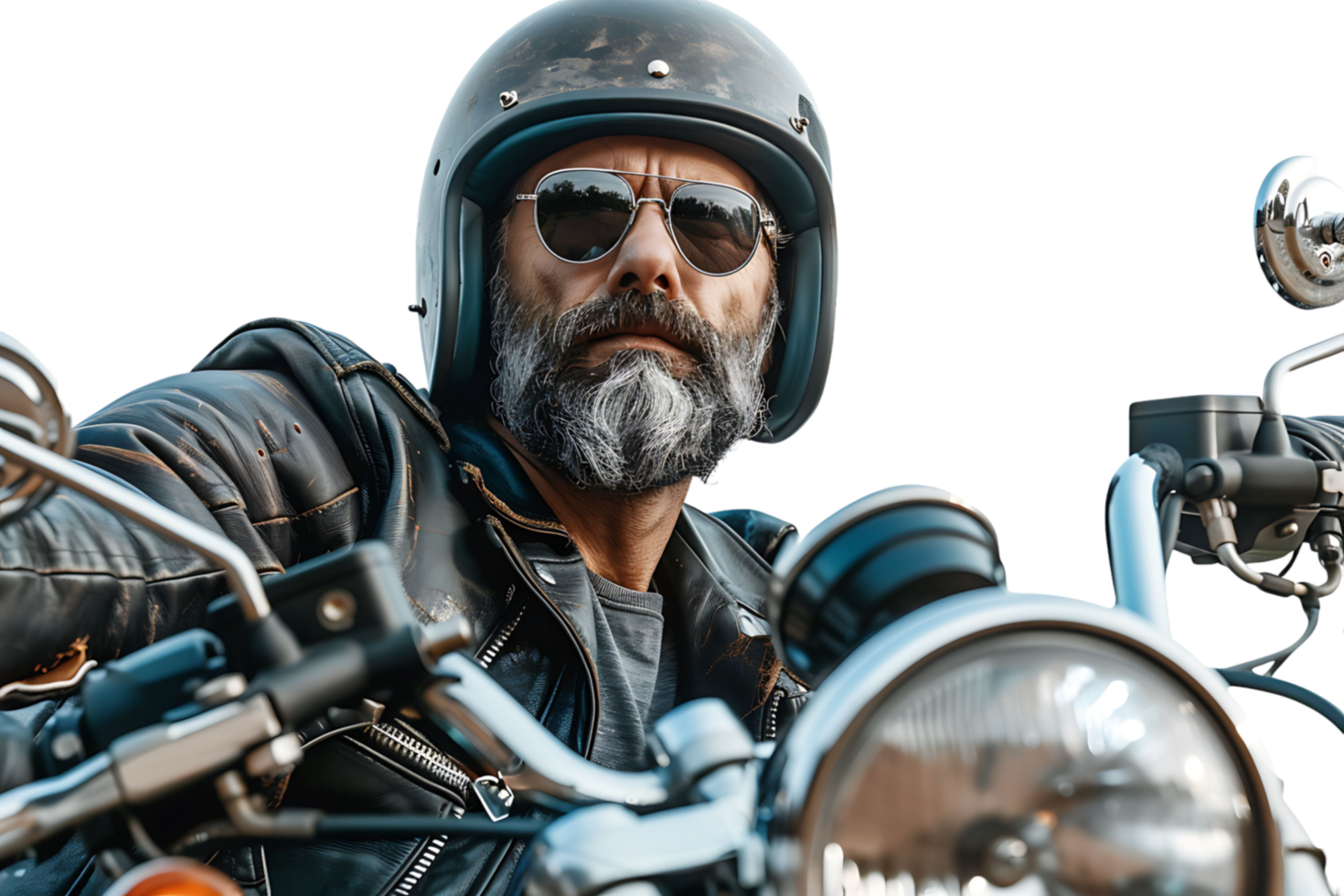Portrait of biker looking away wearing leather jacket helmet and sunglasses on isolated transparent background png