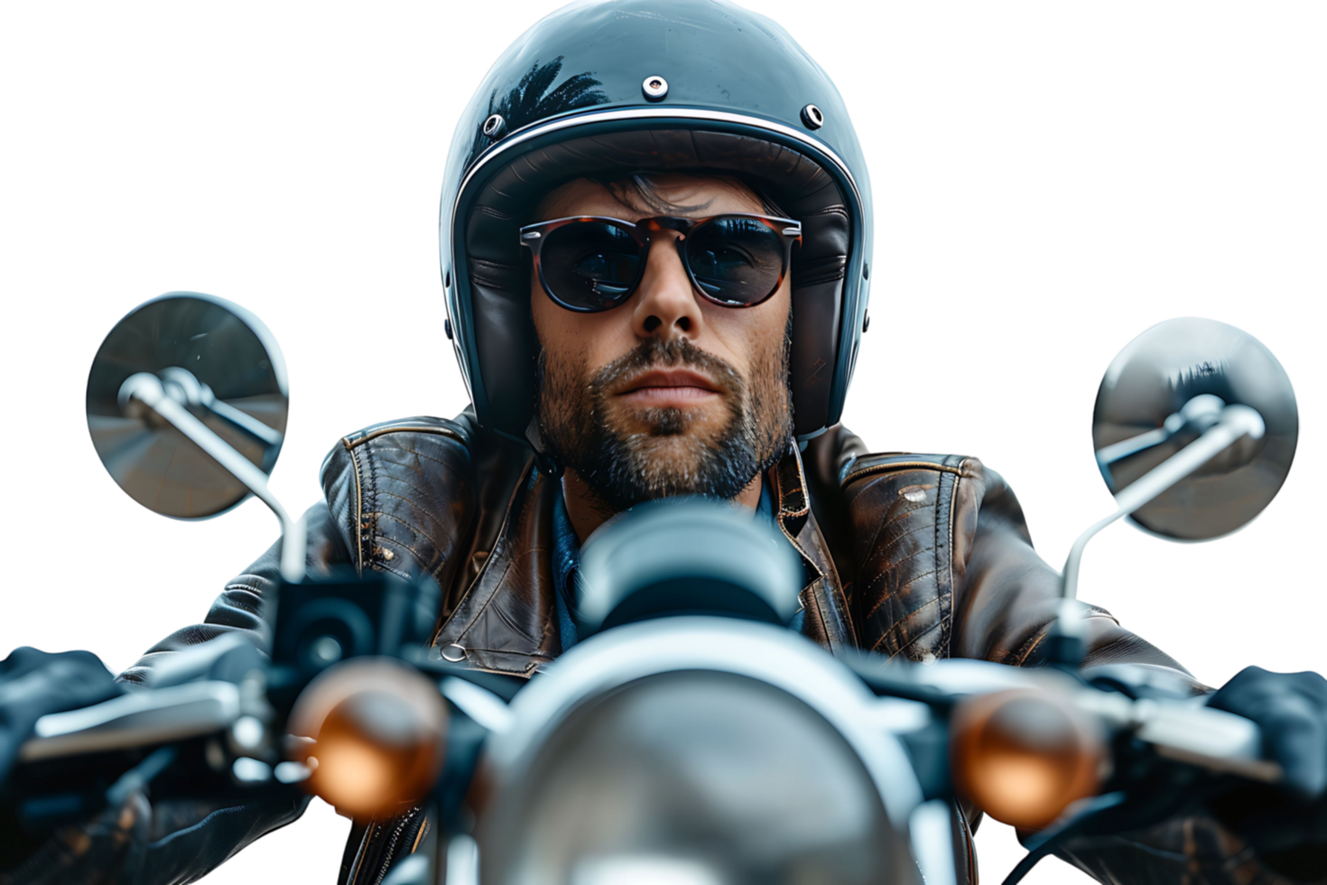 Portrait of biker looking away wearing leather jacket helmet and sunglasses on isolated transparent background png