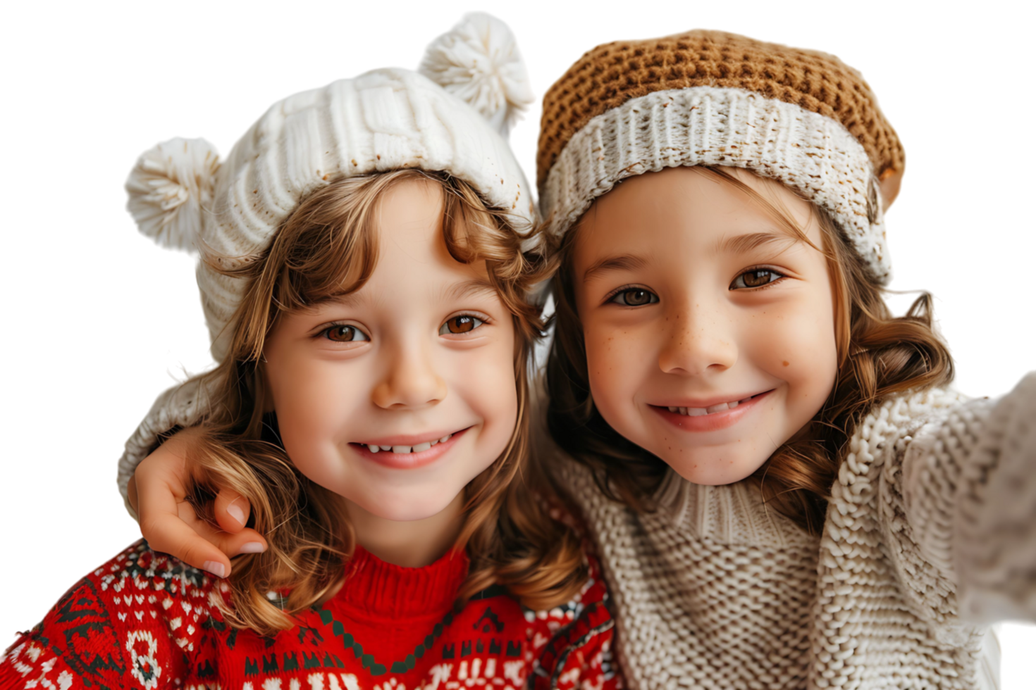 Photo of two positive kids relatives hug take selfie beaming smile wear xmas hat jumper on isolated transparent background png