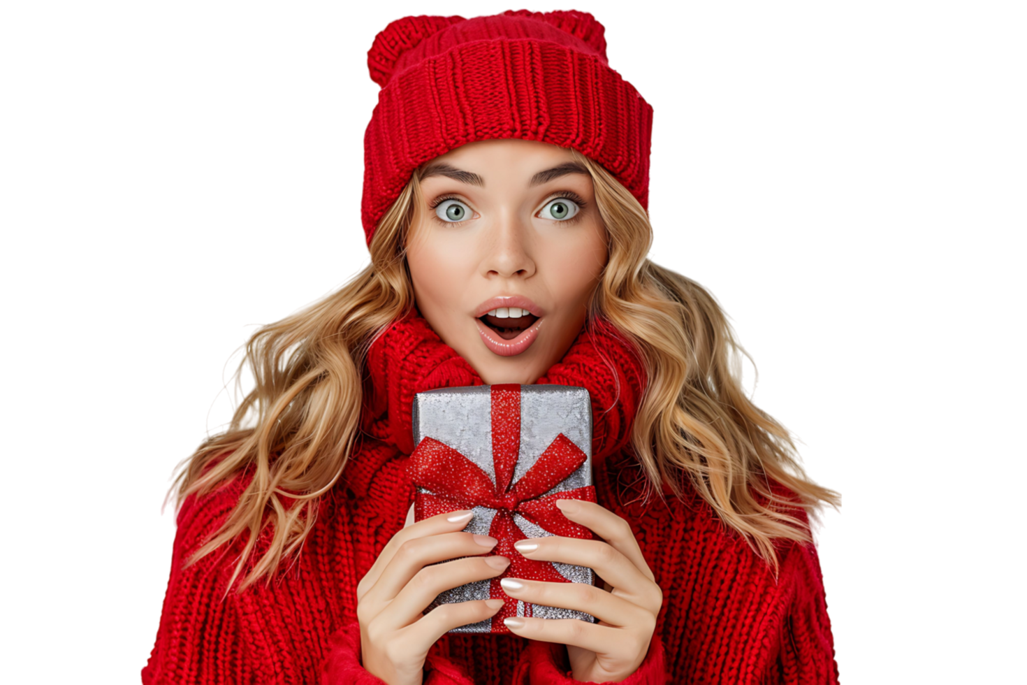 Portrait of surprised woman in red hat holding shiny christmas present on isolated transparent background png