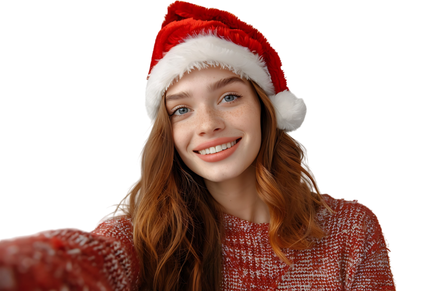 Woman in santa hat and sweater makes selfie on isolated transparent background png